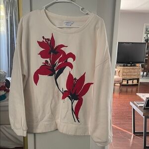 Liz Claiborne Cream Sweatshirt with Red Floral Design